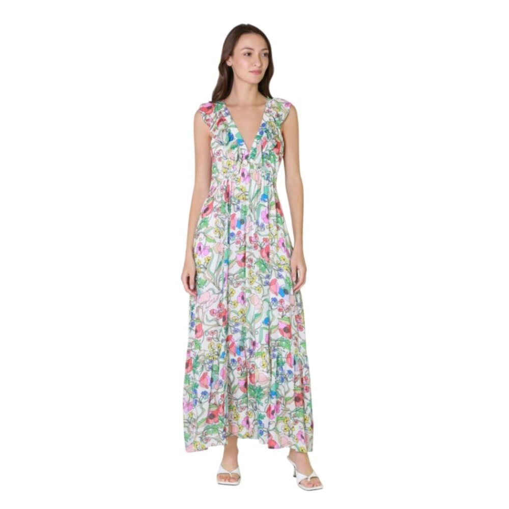 Oliphant Zinnia Ruffle V-Neck Maxi Dress Womens Medium Pink Green Floral Cotton